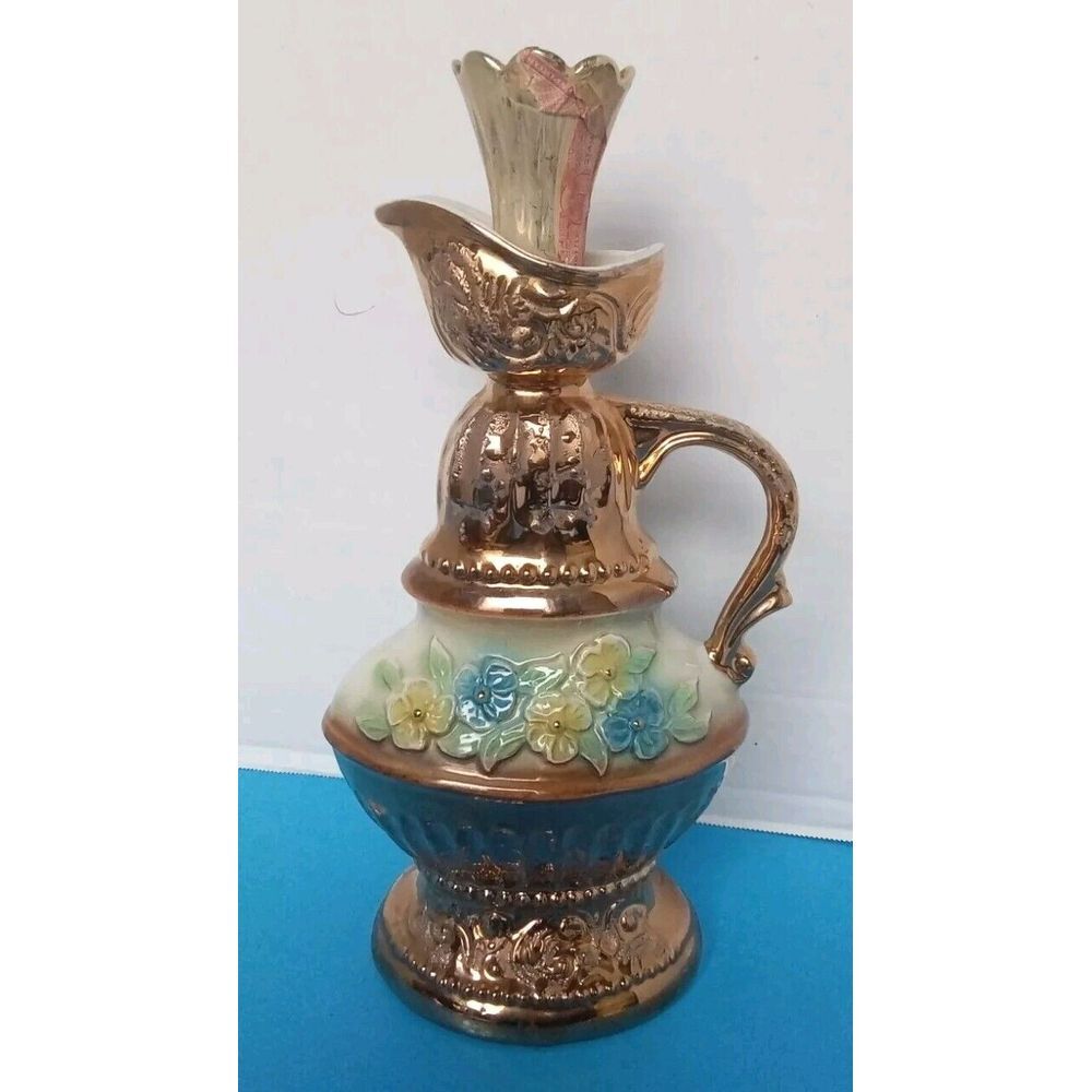 Vintage Decorative Ceramic Pitcher Vase with Copper Finish and Floral Design